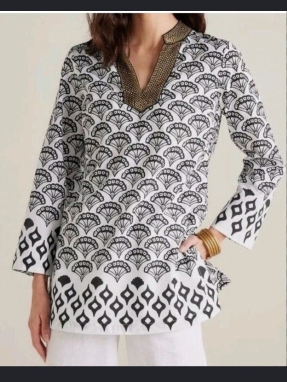 Soft Surroundings Rocio Black & White Beaded-Trim Tunic Blouse Women's size PL